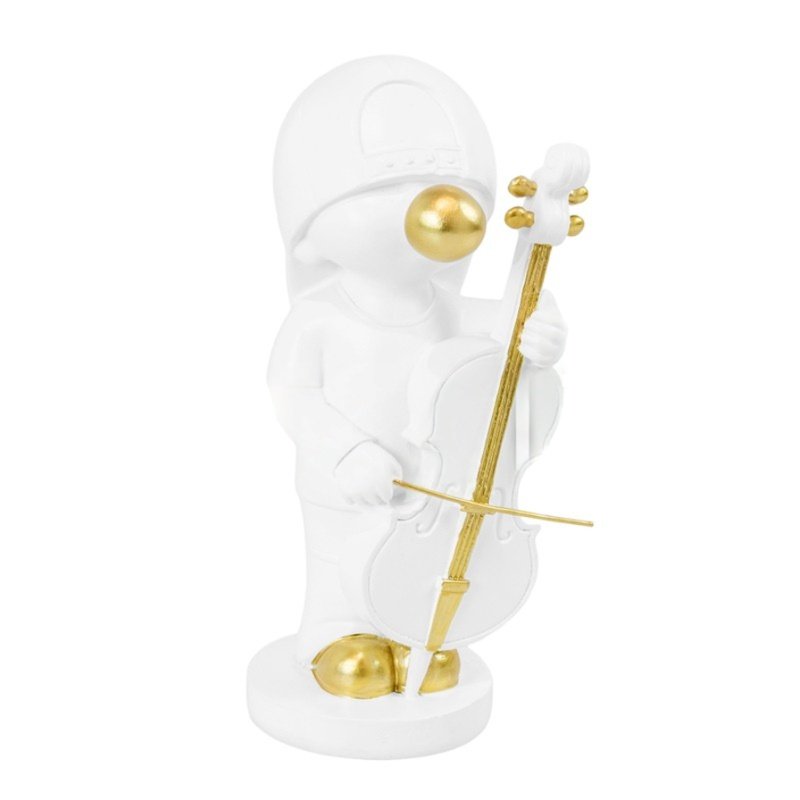 Escultura em Resina Menino Violoncelista Lucatti Branco e Dourado