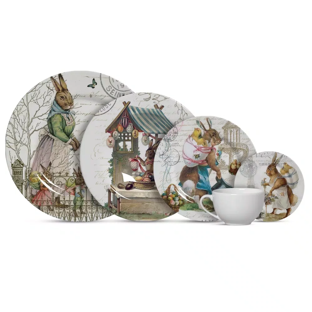 Jogo 06 Pratos Rasos Easter Vintage Alleanza Cerâmica 29 cm 