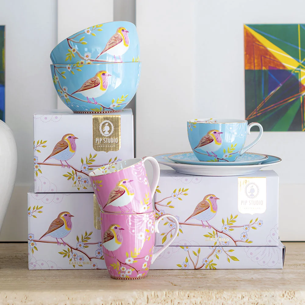 オランダ Pip Chique ストライプ ピンク＆グリーン プレートセット Jogo 02 Canecas Grandes Early Bird Pip Studio Rosa - LCL Home