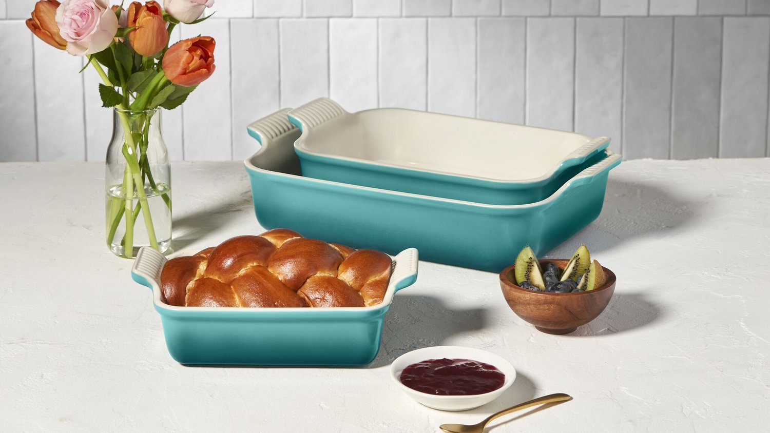 Jogo de 3 Travessas Retangulares de Cerâmica Heritage Le Creuset Bleu Riviera