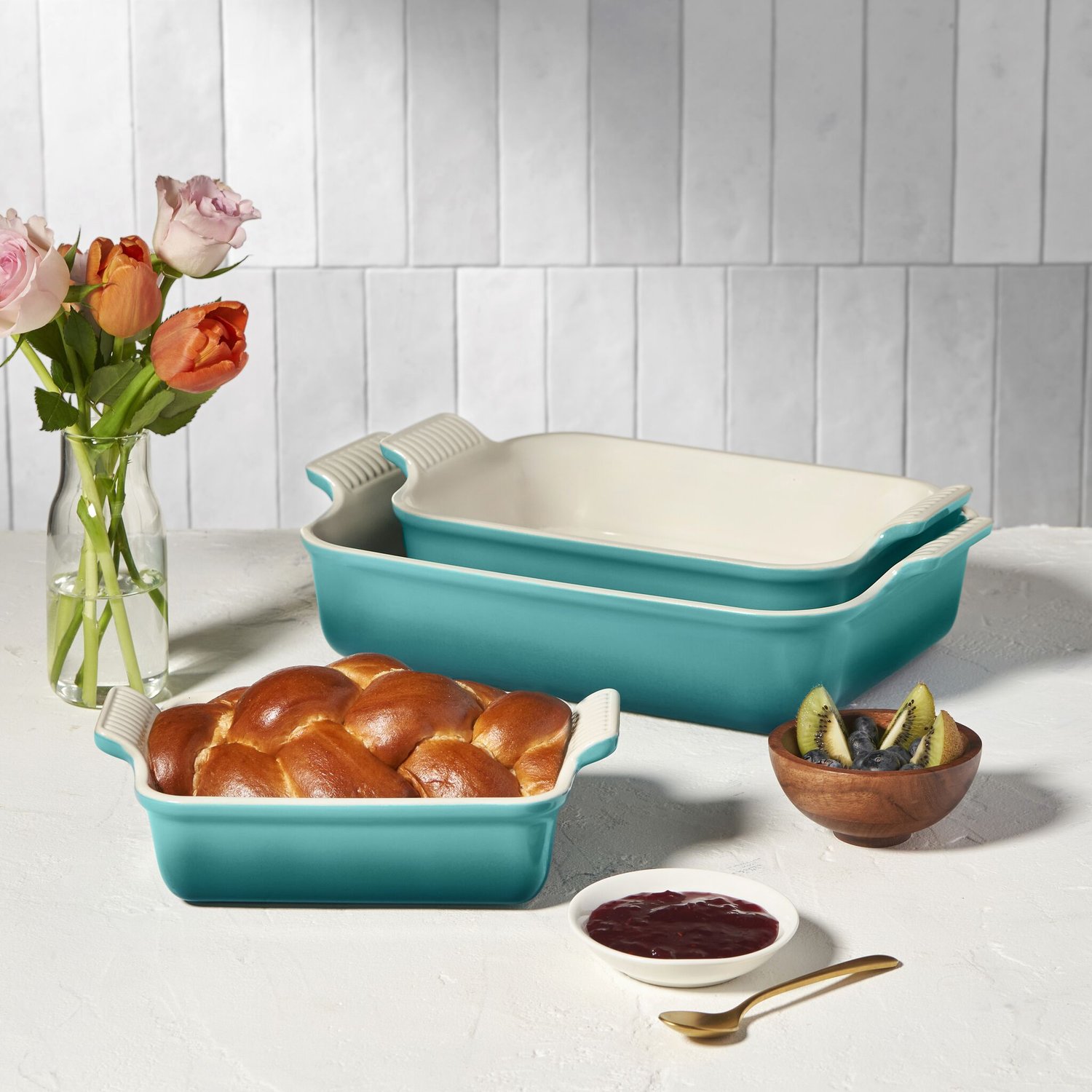 Jogo de 3 Travessas Retangulares de Cerâmica Heritage Le Creuset Bleu Riviera