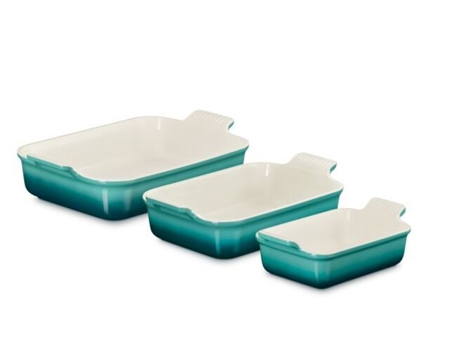 Jogo de 3 Travessas Retangulares de Cerâmica Heritage Le Creuset Bleu Riviera
