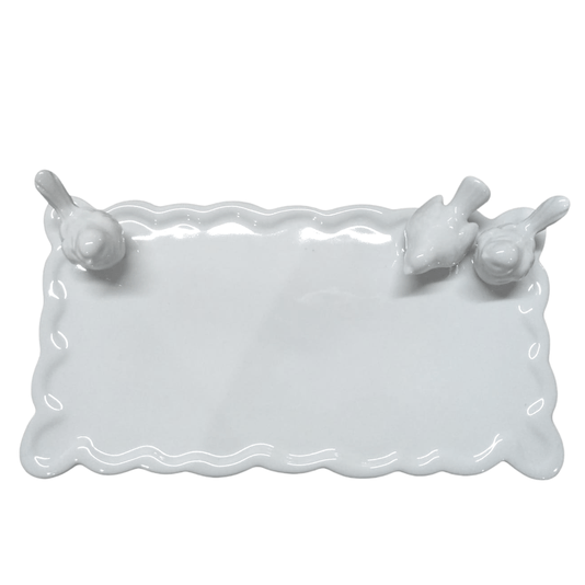 Bandeja Cerâmica Passarinhos M. Victória Branco 32 x 16 cm