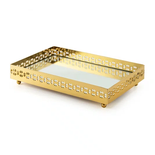 Bandeja Galeria Cross Fundo Com Espelho St James Ouro 30 x 20 cm