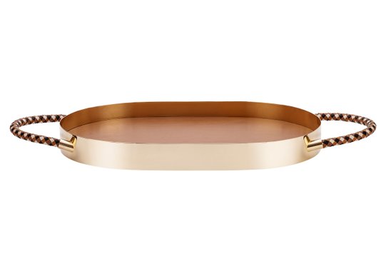 Bandeja Oval Rapunzel Couro Caramelo St James Ouro 60 x 40 cm
