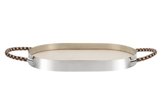 Bandeja Oval Rapunzel Couro Off White St James Prata 60 x 40 cm