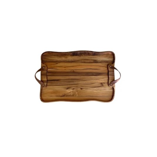Bandeja Retangular em Madeira com Alça em Couro 50 x 35 cm