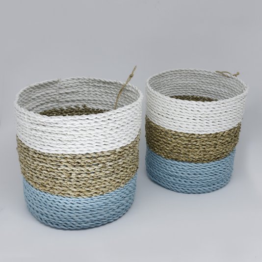 Cachepot Reto M Em Fibra Natural Thay Thay Branco Natural E Turquesa