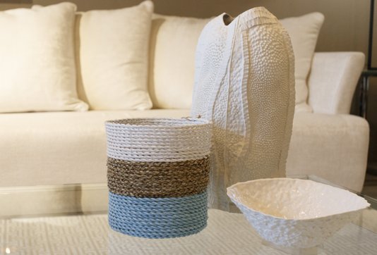 Cachepot Reto G Em Fibra Natural Thay Thay Branco Natural E Turquesa