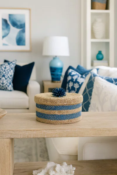 Caixa Redonda Em Palha Entrecasa Azul 17 cm