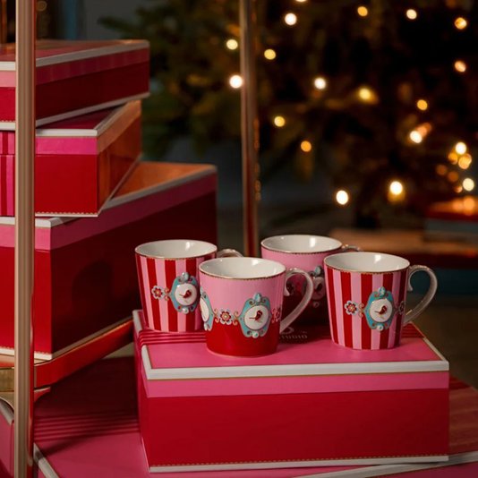 Caneca Grande Medallion Stripes Love Birds Rosa/Vermelho
