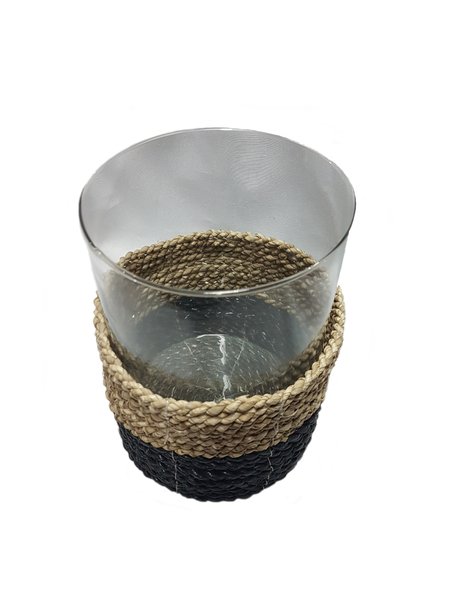 Castiçal em Fibra Natural com Vidro Thay Thay Natural e Preto 20 cm