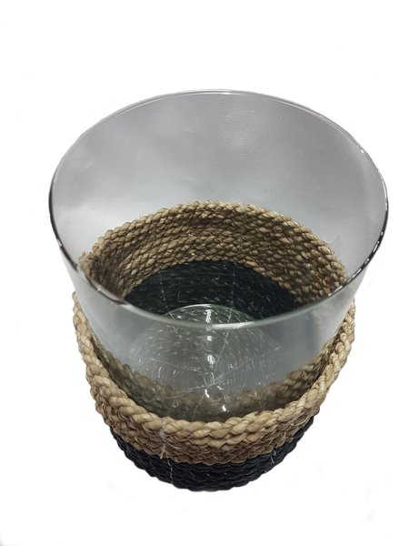Castiçal em Fibra Natural com Vidro Thay Thay Natural e Preto 20 cm
