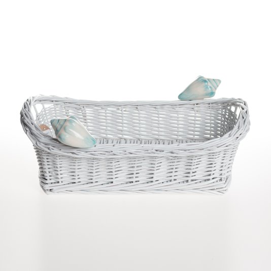 Cesta Retangular Branca em Vime com Concha Sweet Home Decor