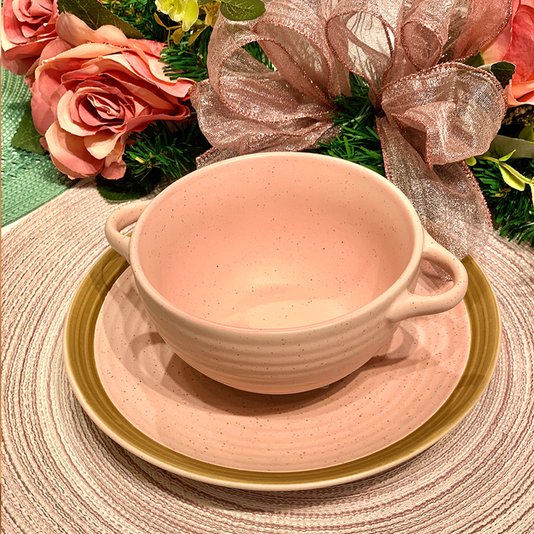 Conjunto 02 Bowls De Cerâmica Com Alça Romance Bon Gourmet Rosa 