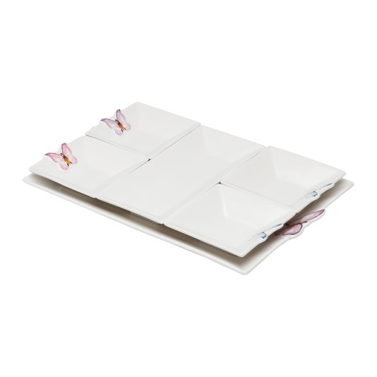 Conjunto 05 Peças Petisqueira De Porcelana Com Bandeja Borboletas Wolff