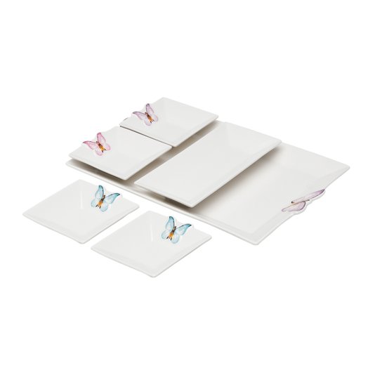 Conjunto 05 Peças Petisqueira De Porcelana Com Bandeja Borboletas Wolff