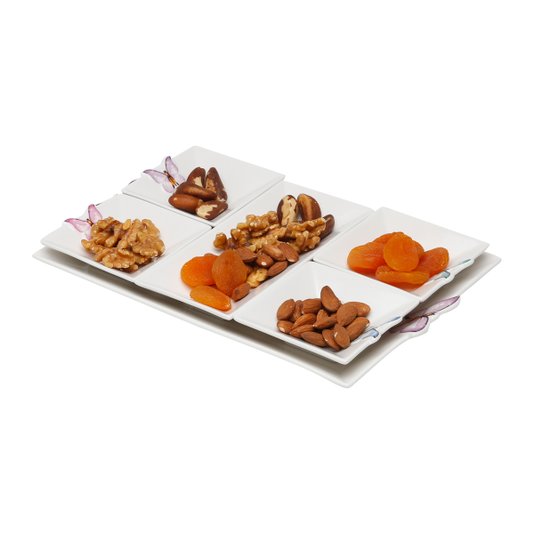 Conjunto 05 Peças Petisqueira De Porcelana Com Bandeja Borboletas Wolff