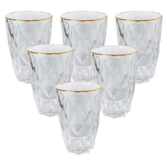 Conjunto 06 Copos de Vidro Diamond Com Fio de Ouro Lyor 350ml