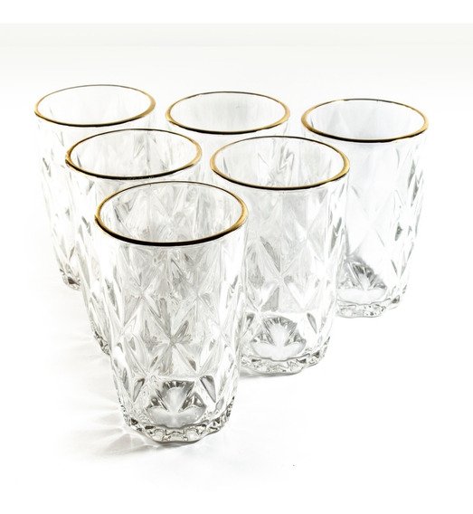 Conjunto 06 Copos de Vidro Diamond Com Fio de Ouro Lyor 350ml