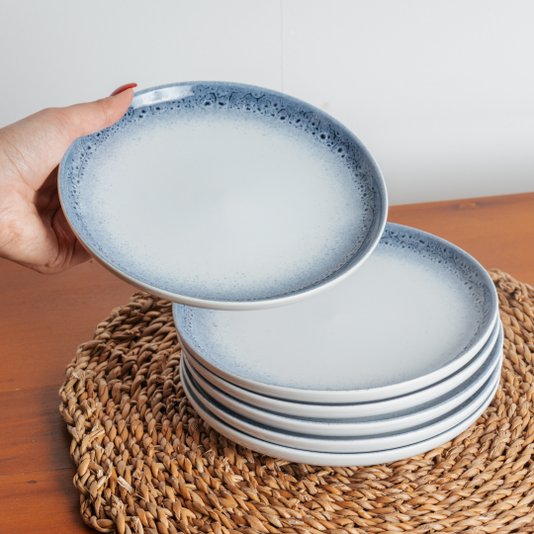 Conjunto 06 Pratos de Porcelana BTC Branco com Detalhe Azul