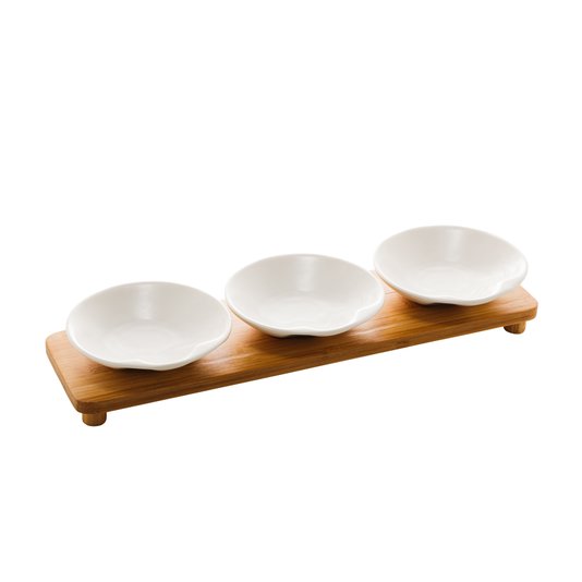 Conjunto 3 Petisqueiras De Porcelana Com Bandeja De Bambu Bon Gourmet