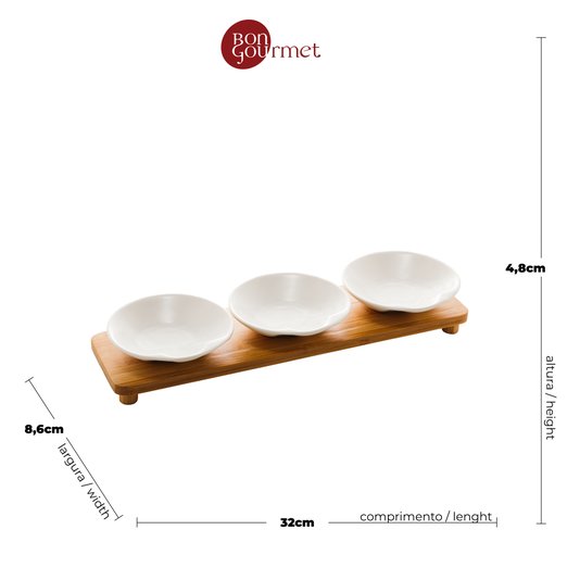 Conjunto 3 Petisqueiras De Porcelana Com Bandeja De Bambu Bon Gourmet