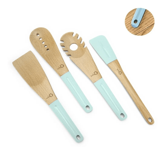 Conjunto 4 Utensilios De Madeira E Silicone Oxford Water Blue
