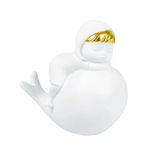 Escultura em Resina Criança Dormindo Lucatti Branco e Dourado