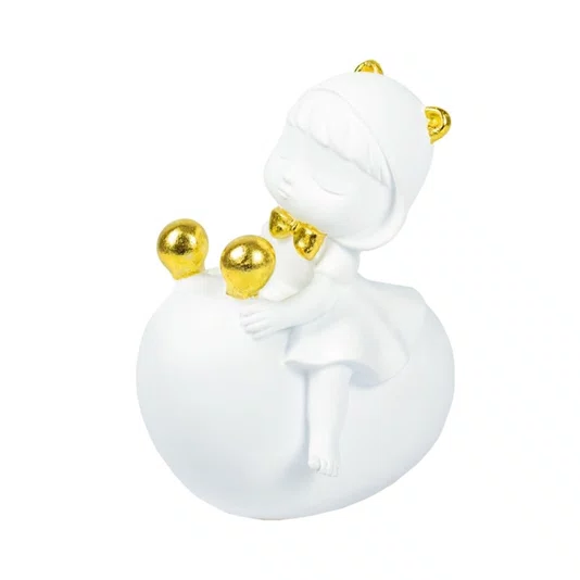 Escultura em Resina Criança Sentada Lucatti Branco e Dourado