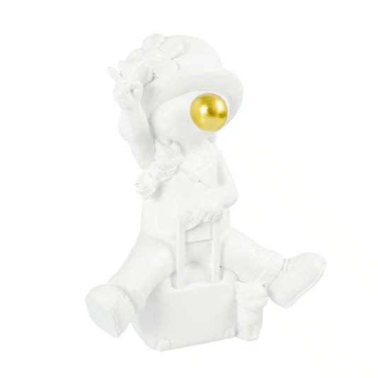 Escultura em Resina Menina com Mala e Gato Lucatti Branco e Dourado