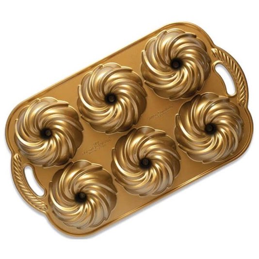 Forma para 6 Mini Bolos Swirl Bundtlette Nordic Ware Dourada 37,5 x 22,5 cm