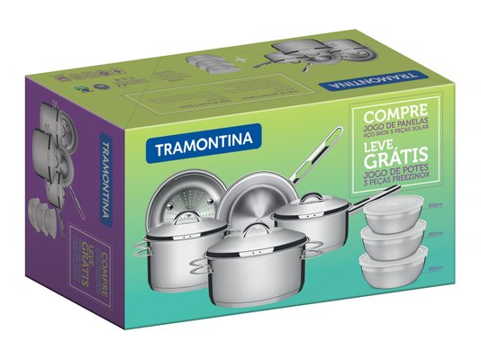 Jogo de Panelas 5 Peças Solar com 3 Potes Tramontina Aço Inox