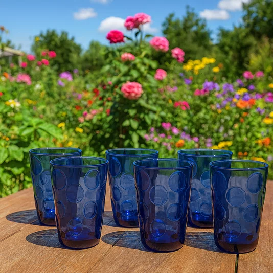 Jogo 6 Copos Altos em Vidro Bolhas Azul 350 ml