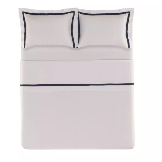 Jogo Cama Casal Vercelli 300 Fios Trussardi Branco e Azul Siciliano 220cm x 280cm