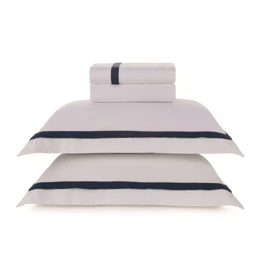 Jogo Cama Queen Vercelli 300 Fios Trussardi Branco e Azul Siciliano 240cm x 280cm