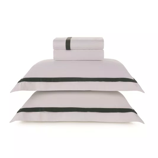 Jogo Cama Queen Vercelli 300 Fios Trussardi Branco e Fogli 240cm x 280cm