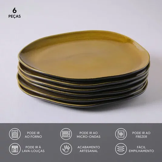 Jogo de 06 Pratos Rasos Oval Orgânico Âmbar Porto Brasil