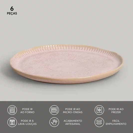 Jogo de 06 Pratos Sobremesa Linhas Litchi Porto Brasil 21,5 cm