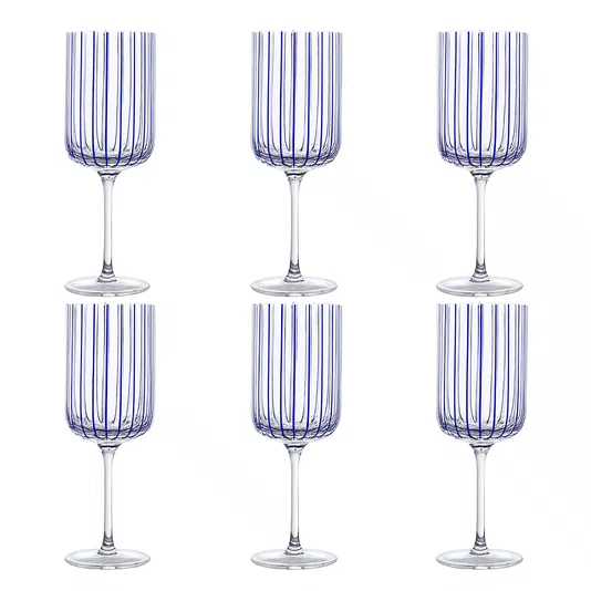 Jogo De 06 Taças De Vinho Transparente Com Listras Azuis 400 ml
