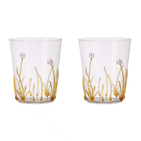 Jogo de 2 Copos em Vidro Borossilicato Flores Amarelo 400 ml
