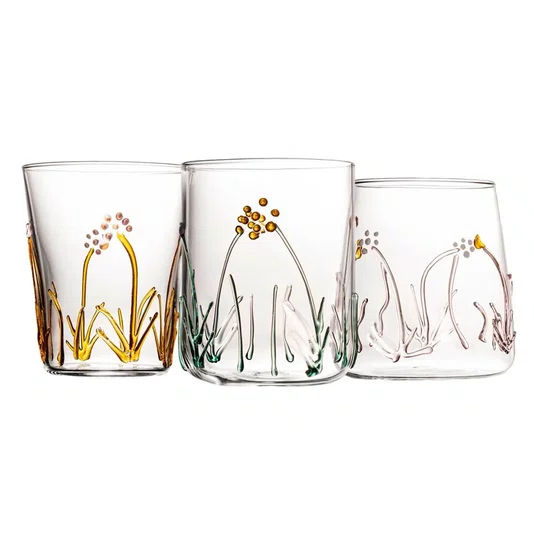 Jogo de 2 Copos em Vidro Borossilicato Flores Amarelo 400 ml