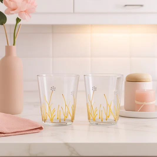 Jogo de 2 Copos em Vidro Borossilicato Flores Amarelo 400 ml