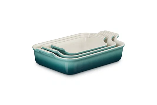 Jogo de 3 Travessas Retangulares de Cerâmica Heritage Le Creuset Bleu Riviera