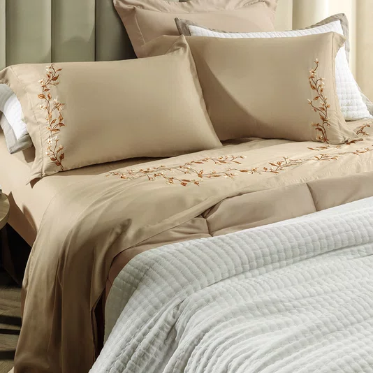 Jogo de Cama Casal Carmela 300 Fios Karsten Bege 2,20 x 2,60 m