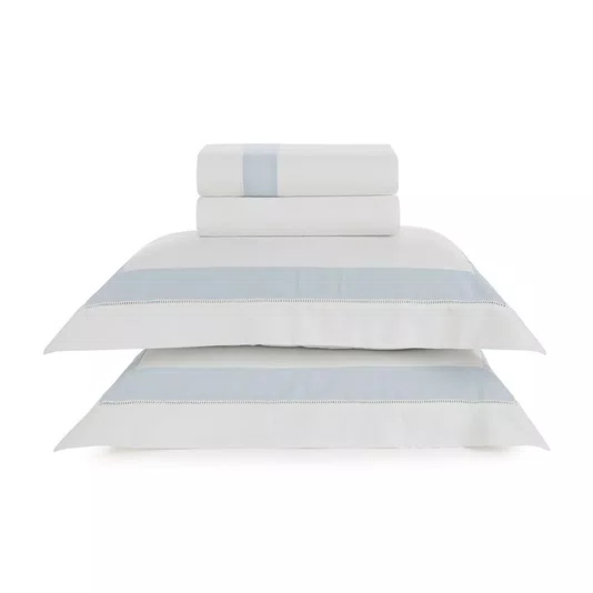 Jogo Cama Queen Rivus Algodão e Linho Trussardi Branco e Azul 240cm x 250cm