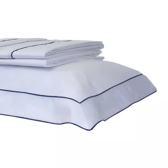 Jogo de Lençol Solteiro Duo Filett 400 Fios Artelassê Branco/Marinho 1,80x2,60cm