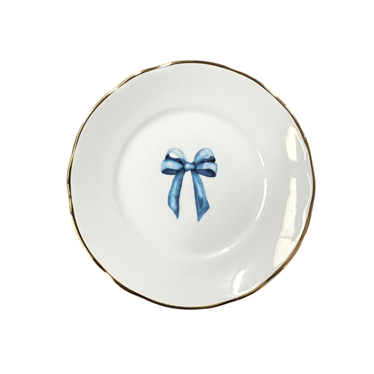 Jogo de Pratos de Sobremesa 06 Peças Laço Azul Monant Home Branco Estampado 19 cm