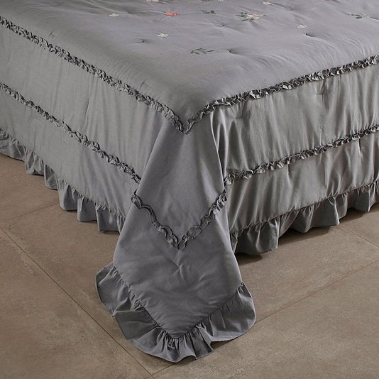 Kit 03 Peças Colcha Super King Lorenza Azul Tecido Chambray 100% Algodão Buddemeyer Luxus