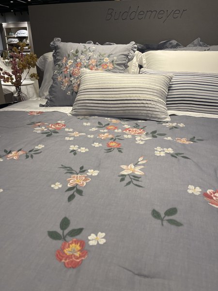 Kit 03 Peças Colcha Super King Lorenza Azul Tecido Chambray 100% Algodão Buddemeyer Luxus